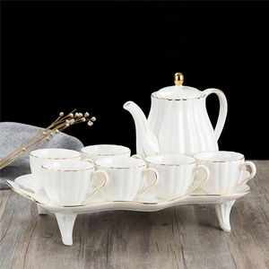 Factory Export Ceramic Porcelain Gold Rim Kettle Tea <b>Set</b> 1 <b>Pot</b> 6 Cups Eco-Friendly Back to School Minimalist Design - Product Image 6