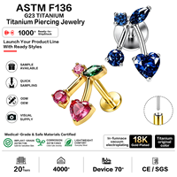Piercing Push Pin sans filetage en Titane ASTM F136 avec Zircon Cubique 5A serti griffe, formes Cœur, Marquise, Rond pour Helix, Conch, Tragus, Bijou de corps