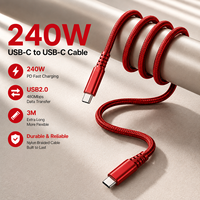Câble Type C 240W, longueur 3 m, câble USB 2.0, transfert de données, haute qualité, USB C vers USBC, charge rapide, câble tressé en nylon rouge