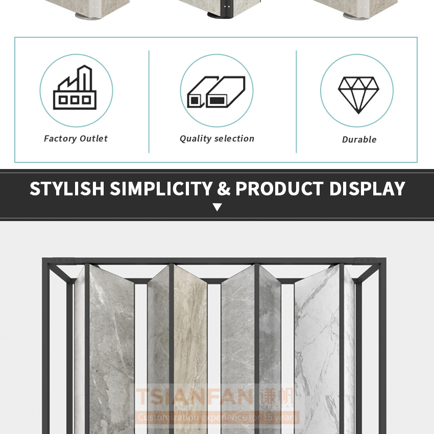 Tsianfan Exhibition For Custom Three Sided Ceramic Quartz Rack Marble Tiles Triangular Case Showing Rotating Stone Display Stand