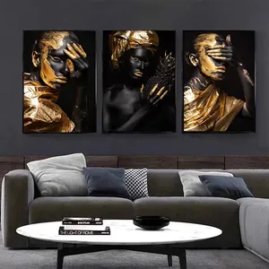 Pintura en lienzo de belleza dorada africana para chicas negras, pósteres de maquillaje e impresiones, imagen artística de pared