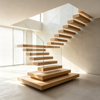 Escalier flottant droit en chêne blanc américain avec marches lumineuses LED et garde-corps en verre pour intérieur