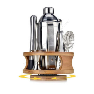 Vente en gros DD1043 Mélangeur de boissons rotatif avec support rond en bois, outils de bar, kit de mixologie en acier inoxydable, ensemble de shaker à cocktails - Product Image 5