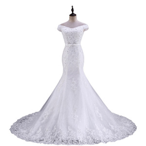 Mermaid Wedding Dress White V-Neck Lace Off Shoulder Trumpet Gown Vintage Style - Product Image 5