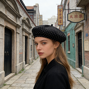 Béret Chic et Élégant à Pois pour Femme – Collection Printemps/Automne Décontractée – Chapeau <span class=keywords><strong>Citrouille</strong></span> Octogonal d'Inspiration Rétro Artistique pour la Plage - Product Image 2