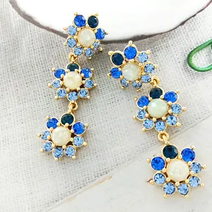 New Trends Blue Diamond Flower Gold-Plated Pendant Earrings for Women Wholesale Fashion Jewelry