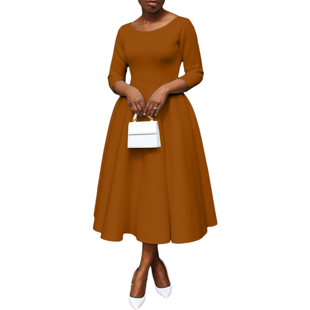 Wholesale Best-Selling Elegant Dresses Women Casual olid Color Round Neck Three Quarter leeve A-Line Church Dresses With Pocket,2 Pieces
