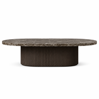 Table basse ovale en marbre, plateau en pierre veinée brun foncé avec base en bois cannelé pour salon moderne