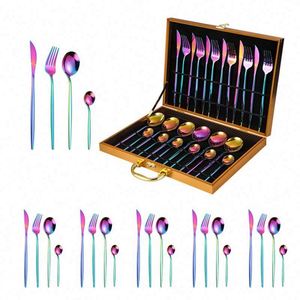 Hot Sale Wood Packing Box Fork Knife Spoon Black Gold Flatware 24pcs Stainless Steel Silverware Cutlery <b>Set</b> for Weeding Party - Product Image 2