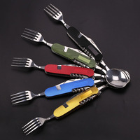 Ensemble de couverts pliables multifonctionnels 6 en 1 en acier inoxydable, cuillère, fourchette et couteau, ouvre-boîte, ensemble de vaisselle de camping en plein air
