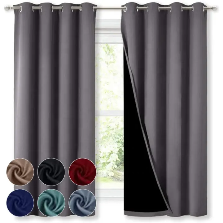 Classical Grey Thermal Insulated 2-Layer Lined Drapes 100% Blackout Hotel Fabric Window Curtain