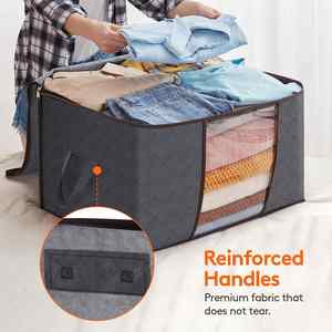 Sac de rangement multifonctionnel pour placard, 90L, lot de 2, poignée renforcée, grande capacité, pliable, non tissé, gris/noir - Product Image 4