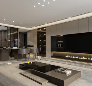 Modern Wood TV <b>Cabinet</b> with LED <b>Light</b> Fireplace Design Wall-Mounted Lift for Living Room & Hotel Use - Product Image 1