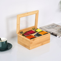Boîte de rangement pour thé en bambou rectangulaire laqué à 6 compartiments avec fenêtre en acrylique pour le stockage des sachets de thé