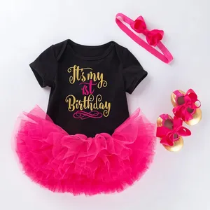 4 Buah Butik Hadiah Ulang Tahun Pertama Bodysuit Putih Pettiskirt Berbulu Merah Muda Gaun Tutu Kue Ulang Tahun Pertama Anak Perempuan