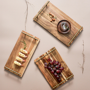 Logo personnalisé Accueil Hôtel Table Petit Déjeuner Café Service Alimentaire Plateau Rustique en Bois d'Acacia avec Poignée en Métal - Product Image 2