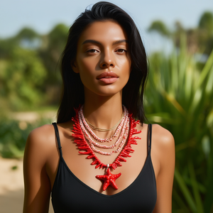Collier superposé tendance en acier inoxydable 316L plaqué or PVD, durable et résistant, avec pendentif étoile de mer en corail rouge multi-brins - Product Image 3