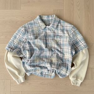 Custom Wholesale Cotton Plaid <b>Waffle</b> Knit Vintage Grunge Streetwear Layered Look Distressed Mens Long Sleeve Plaid <b>Shirt</b> - Product Image 3