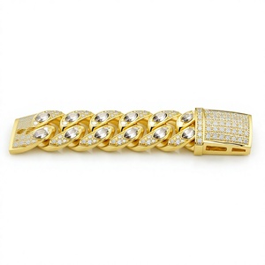 Gold Plated 925 Sterling <b>Silver</b> Cuban Link <b>Bracelet</b> with Moissanite Round Brilliant Cut Chain 18cm <b>Solid</b> Hip Hop Unisex Jewelry - Product Image 2