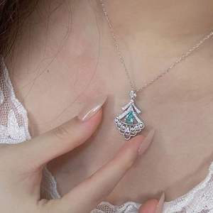 S925 Sterling <b>Silver</b> Paraiba Mint Green Rock Sugar Bow Square <b>Pendant</b> Necklace <b>with</b> Zircon Female Niche Design Collarbone <b>Chain</b> - Product Image 5