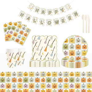 DAMAI Colorful Pumpkin and Broom-themed Wave-edge Halloween Party Paper Plates Cups and Napkins for Halloween - Product Image 1
