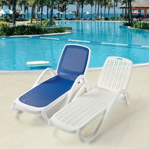 Chaise longue en plastique et résille, bleu roi et blanc, inclinable manuellement, pour piscine, jardin et plage - Product Image 1