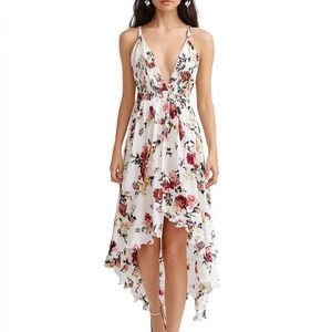 Nuevo Diseño Vestido Midi de Fiesta Floral con Cuello en V, Tirantes, Dobladillo Irregular, Chifón Estampado, Sin Espalda y Volantes sin Mangas para Mujer - Product Image 3