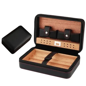 Luxury Leather Case Cedar Wood Portable Box Cigar Travel Humidor With Humidifier