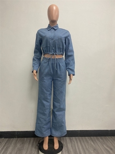 ZHEZHE moda autunno abbigliamento donna <span class=keywords><strong>Boutique</strong></span> Street Wear manica lunga in Denim Cropped top e pantaloni dritti Set 2 pezzi - Product Image 4