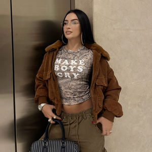 Veste en velours côtelé marron, col court en teddy, fermeture éclair, doublure en sherpa, streetwear rétro, crop top baddie - Product Image 4