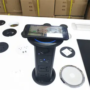 Motorized table kitchen counter top touch pop up retractable tower socket with wireless charger good sound speaker