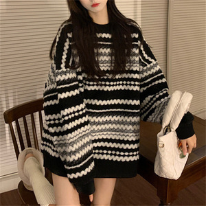 Women's Vintage Striped Pullover Loose Mid-Length <strong>Knitted</strong> Top <strong>Big</strong> <strong>Sweater</strong> for Spring Autumn Winter-Lazy Style - Product Image 3