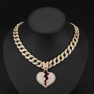 NL2041 Crystal Rhinestone Euro-American Personality INS Alloy Iced Out Red Oil Broken Heart Cuban Link Chain Pendant Necklace