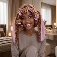 Bonnet de nuit de luxe doublé satin, anti-frisottis, protection capillaire, avec oreilles de lapin en peluche, double couche, toutes saisons