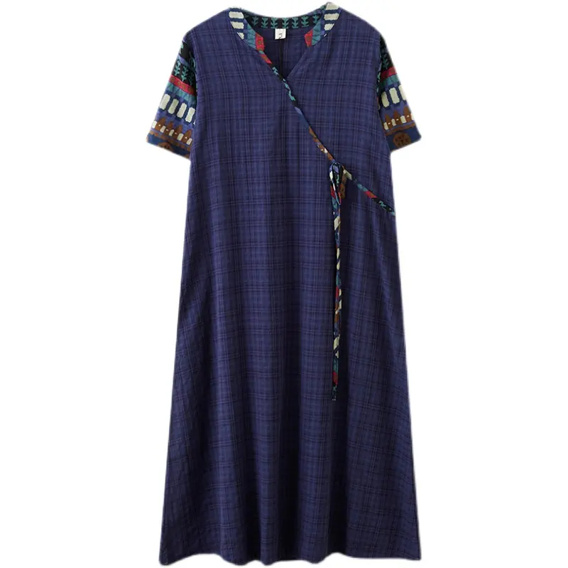 Sidiou Nhóm Chắp Vá Cotton Linen Loose Summer Dresses Kẻ Sọc V-cổ Vintage Dress Phụ Nữ Ăn Mặc Giản Dị