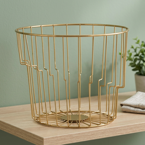 Panier de rangement rond en métal au design minimaliste, durable, sur pied, pour l'organisation du salon - Product Image 1