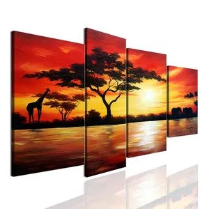 High Quality 4 Panel African Canvas Art Sunset Landscape Oil Painting For Wall Decor