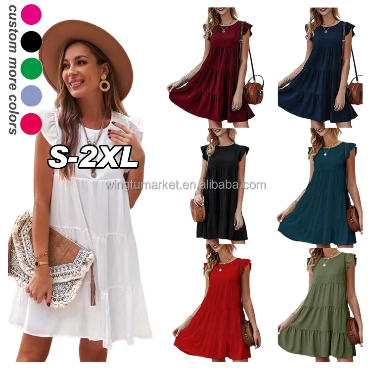 Wholesale fashion summer dress ruffled solid color summer beach round neck women short party white lady dresses