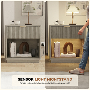 Modern Eco-Friendly Wooden <b>Sensor</b> <b>LED</b> Nightstand Storage USB Ports AC Outlets RGB <b>Light</b> Music Mode Timing Bedroom Furniture - Product Image 2