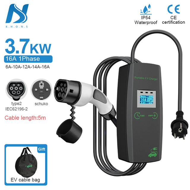 KHONS Adjustable 3.7KW 16A Single Phase Schuko Plug Electric Vehicle Portable EV Charger with Voltage Monitoring Function