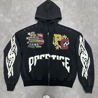 Sweat à capuche zippé personnalisé, brodé avec appliqué lettre effiloché et déchiré, imprimé graphique, style streetwear, haute qualité, délavé, avec œillets aux épaules