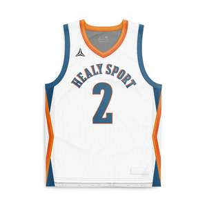 Ensemble d'uniformes de basketball HEALY Classic Color Block, base blanche, bordure bleue et orange, maille respirante, séchage rapide, maillot personnalisé avec numéro. - Product Image 1