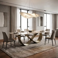 Mesa de Comedor de Mármol Natural de Lujo, Mesa de Cocina Rectangular con Patas de Acero Inoxidable Dorado para Villa, Hotel, Restaurante