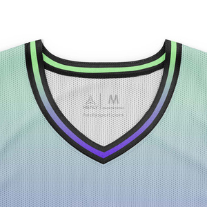 Maillot de basket Healy 34 sublimé, col en V, sans manches, en mesh, unisexe adulte, imprimé dégradé violet-vert, léger - Product Image 3