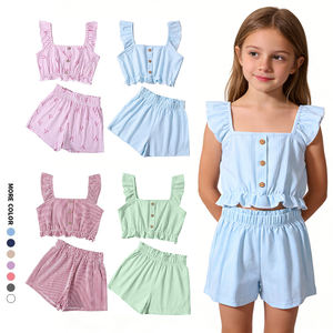 Completi Estivi <span class=keywords><strong>per</strong></span> Bambine, Set Carino con Maglietta a Righe con Volant in Maglia e Pantaloncini, Outfit in 2 Pezzi <span class=keywords><strong>per</strong></span> Uso Quotidiano e Feste - Product Image 1