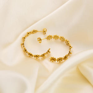 Hoop <b>Earrings</b> Flower Pattern 18K Gold Plated Stainless Steel Titanium Ear <b>Post</b> For Fashion Jewelry - Product Image 2