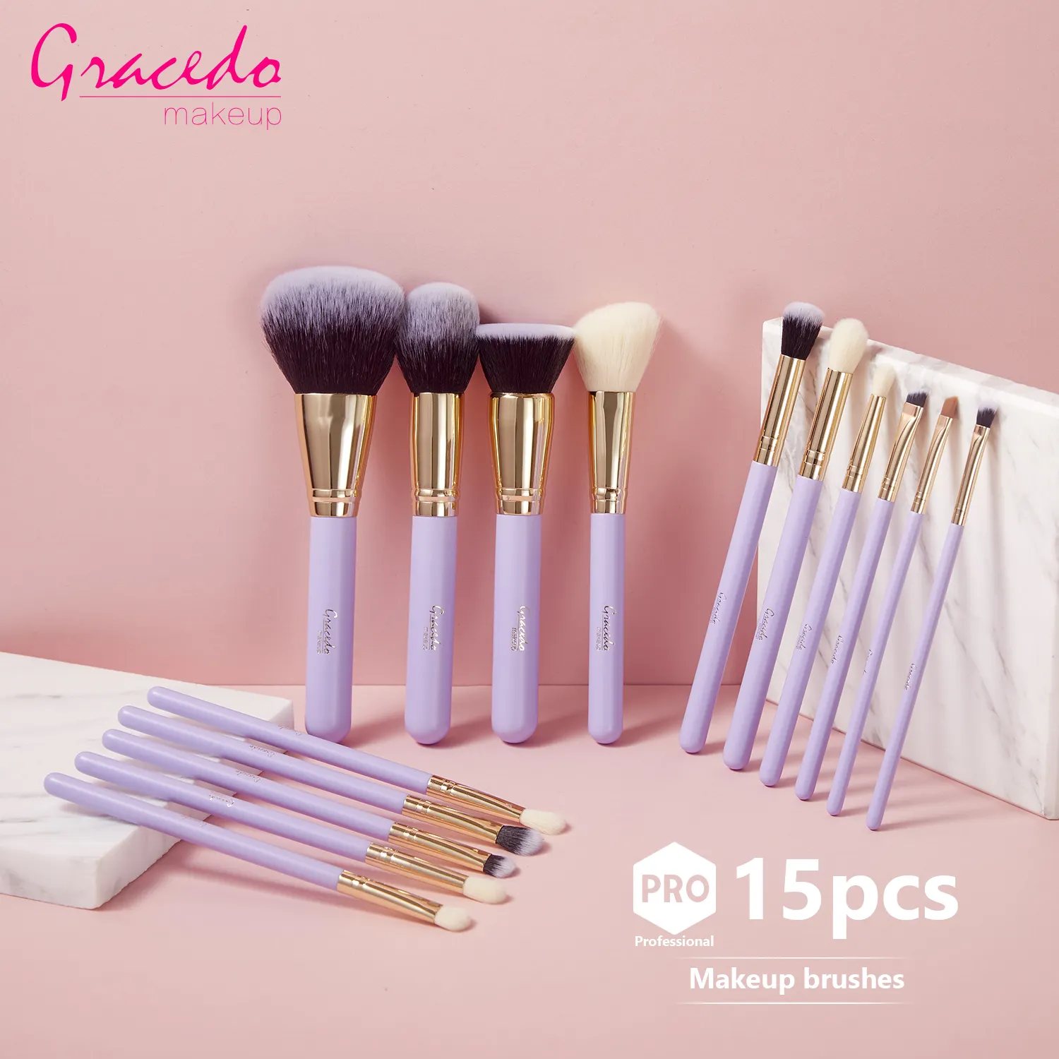 Gracedo 15 pieces makeup brush purple luxury high quality cosmetic manufacturer wood custom logo professional makeup brush set