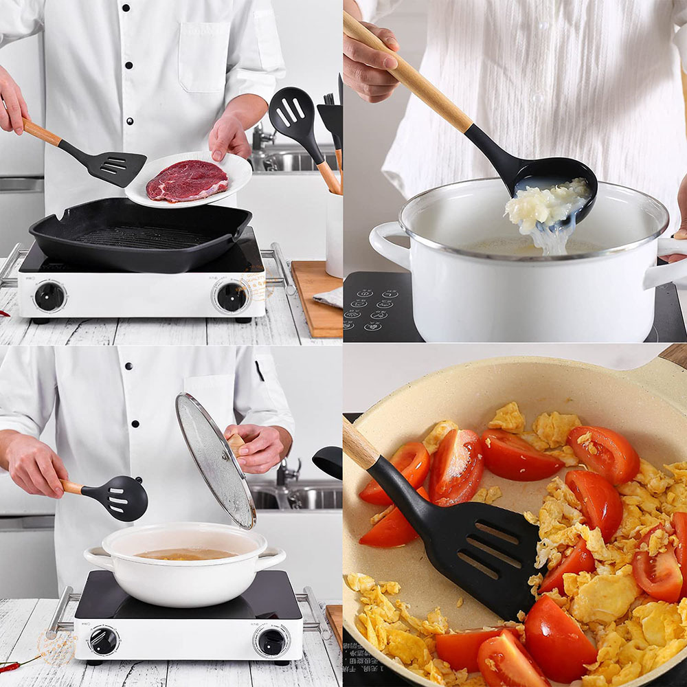 Heat Resistant Silicon Kitchen Cooking Utensils Set 446℉ Heat Resistant 12-pcs Non-stick Food Grade Silicone and Wooden Handles · image 3