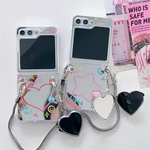 Lovely Girl Heart Mirror Transparent Mobile Phone Folding Screen Case For Samsung Z Flip 5 4 3 With Chain Shockproof Back Cover