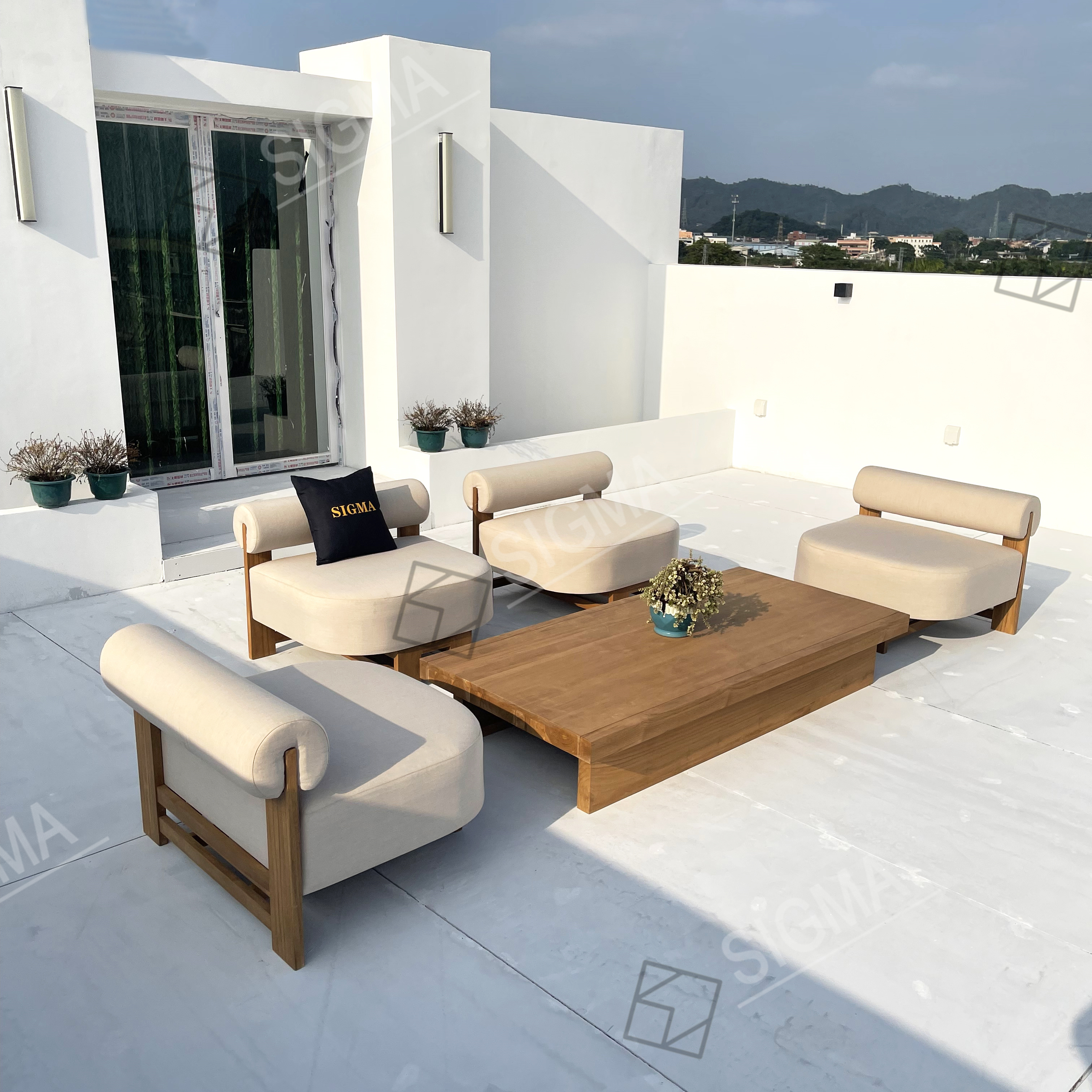 Modern Luxe Custom Solid Teak Wooden Garden Patio Outdoor Outside Leisure  Seat Sofa  Set